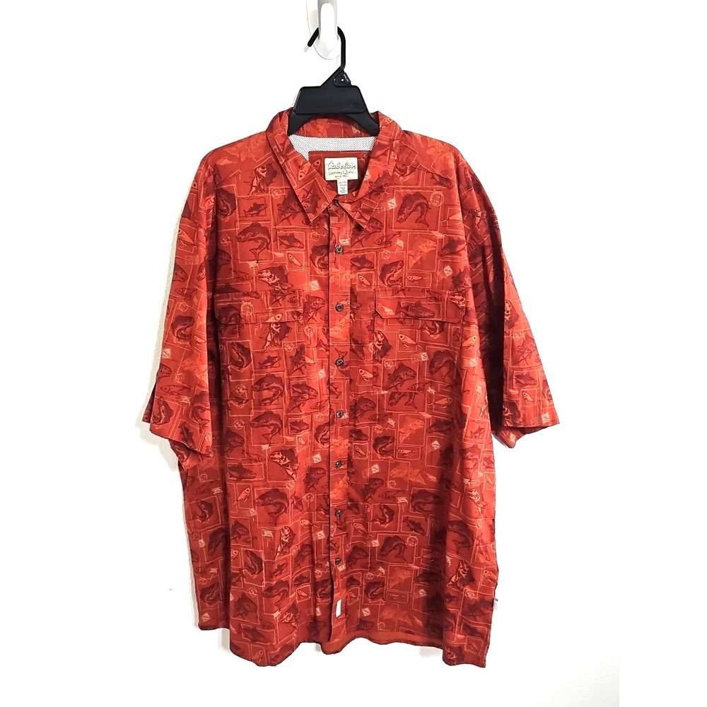 Cabelas Button Up Sport Shirt Men's 3XL Orange Outdoor‎ Fish Print Vented